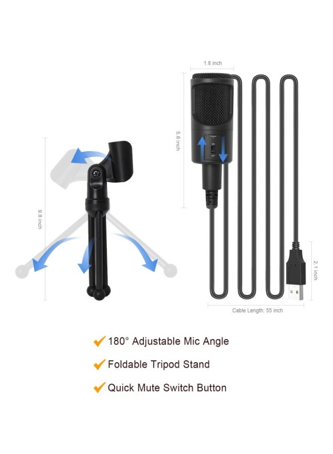 USB Condenser Podcast Microphone, with Foldable Tripod Mute Switch - Image 2
